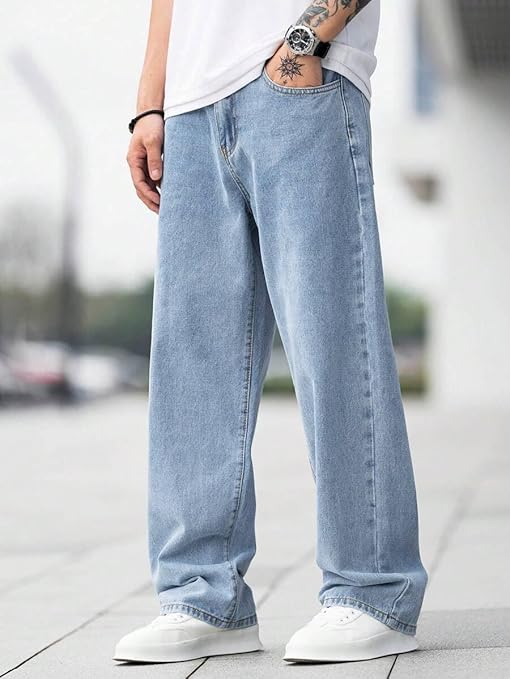 Men Relaxed Straight Fit Mid Rise Baggy Light Blue Jeans, Denim Look101