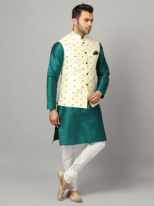 Men's Silk Blend Kurta Pajama with Designer Ethnic Nehru Jacket/Modi Jacket