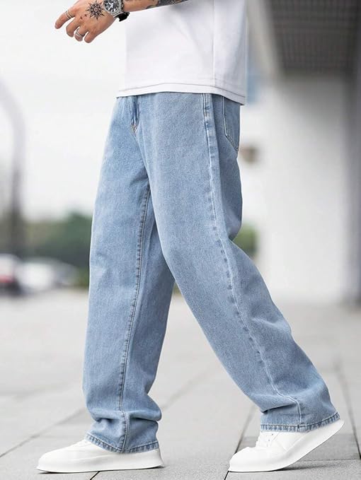 Men Relaxed Straight Fit Mid Rise Baggy Light Blue Jeans, Denim Look101