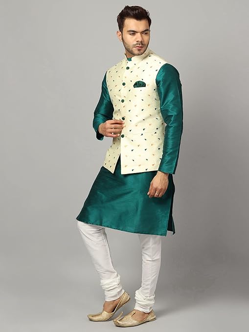 Men's Silk Blend Kurta Pajama with Designer Ethnic Nehru Jacket/Modi Jacket