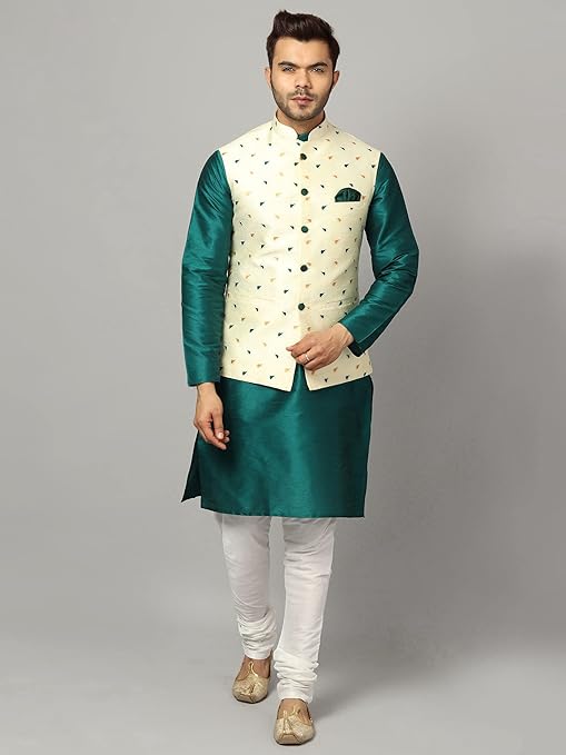 Men's Silk Blend Kurta Pajama with Designer Ethnic Nehru Jacket/Modi Jacket