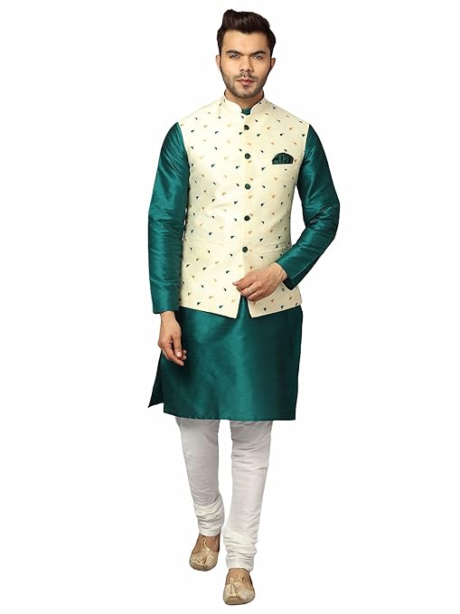 Men's Silk Blend Kurta Pajama with Designer Ethnic Nehru Jacket/Modi Jacket