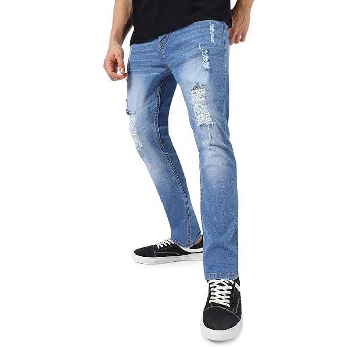 Fashion Men's Ice Blue Slim Fit Heavy Distressed/Torn Jeans