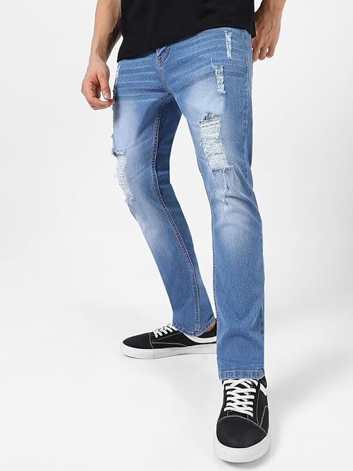 Fashion Men's Ice Blue Slim Fit Heavy Distressed/Torn Jeans