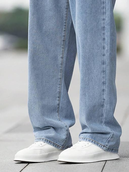 Men Relaxed Straight Fit Mid Rise Baggy Light Blue Jeans, Denim Look101