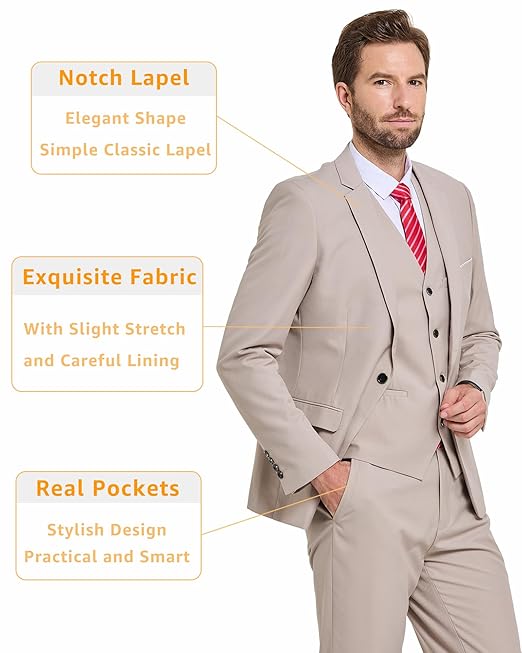 Men’s 3 Piece Suit Blazer, Slim Fit Tux with One Button, Jacket Vest Pants & Tie Set for Party, and Business