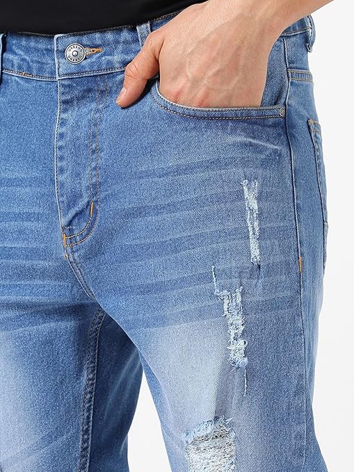 Fashion Men's Ice Blue Slim Fit Heavy Distressed/Torn Jeans