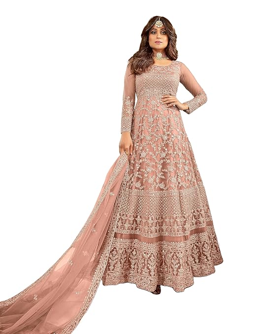 Women's Net Semi Stitched Gown Top With Satin Silk Fabric Bottom & Net Dupatta Embroidered Anarkali Dress